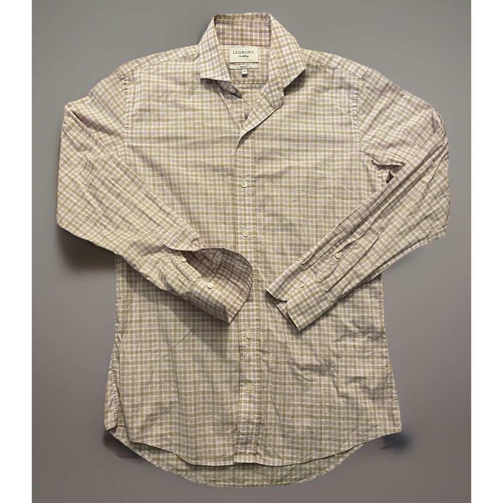 Ledbury Long Sleeve Button Down Shirt Purple Brown Plaid Slim Fit Large 16 JBHS